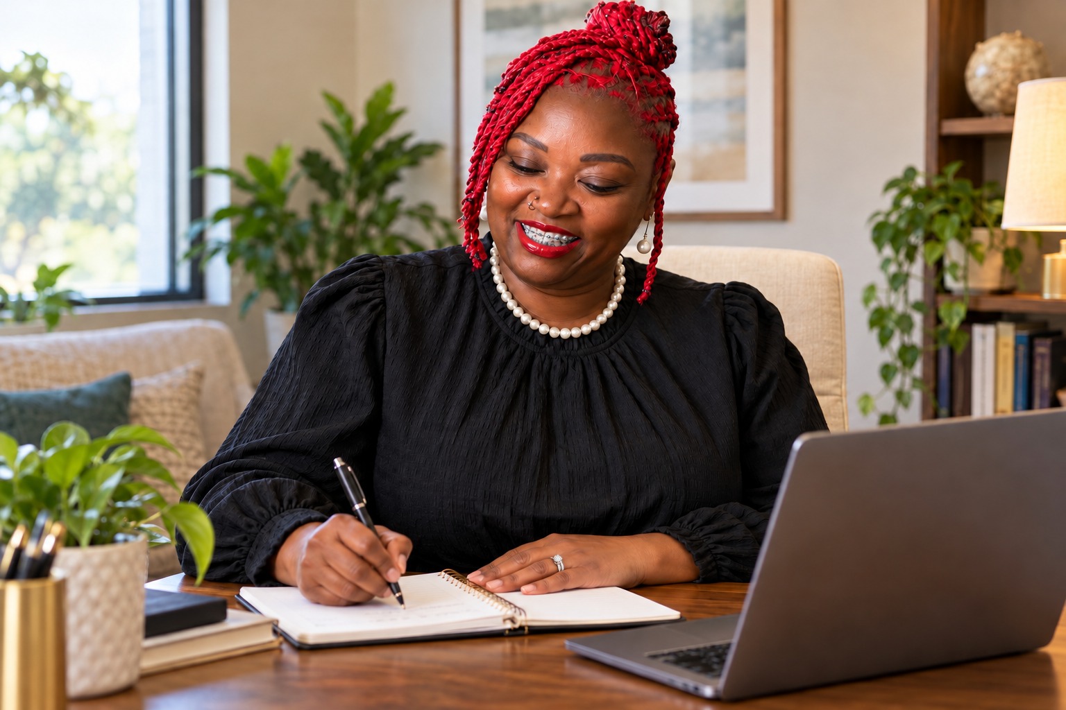AI-created image of Jewel Thomas-Grant writing therapy notes beside a laptop in a welcoming office